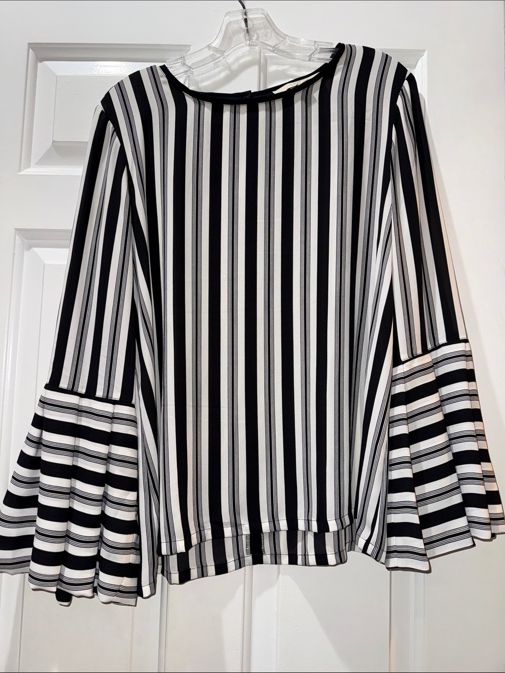 LOFT Black & White Vertical Stripe Bell Sleeve Top